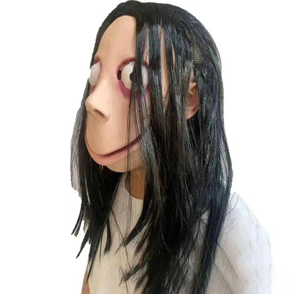 Masque Momo Horrifique en Latex et Cheveux Noirs