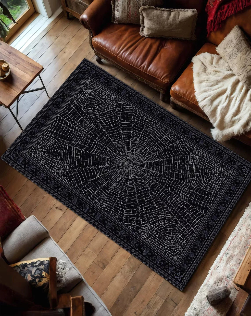 Tapis Rectangulaire Noir Toile d'Araignée et Bordure Gothique