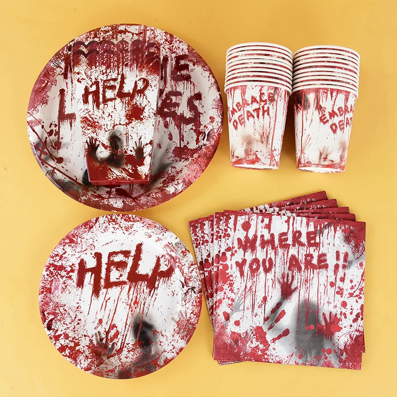 Set de Vaisselle Horreur "Help" Effet Sanglant