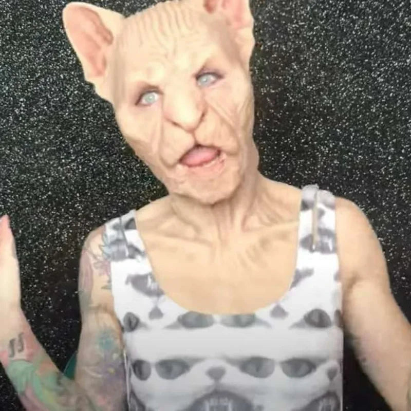 Masque en Latex Tête Complète de Chat Sphynx Réaliste