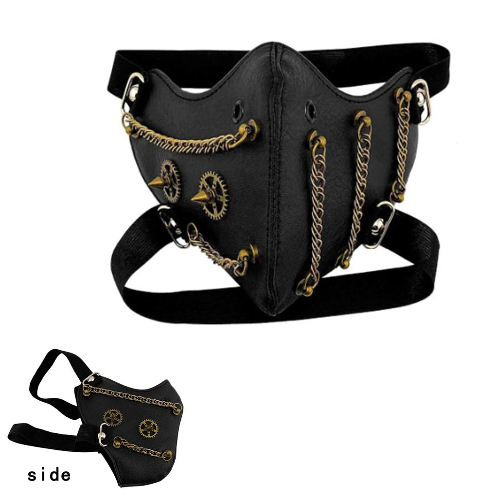 Cache-Bouche Steampunk Noir avec Chaînes et Engrenages