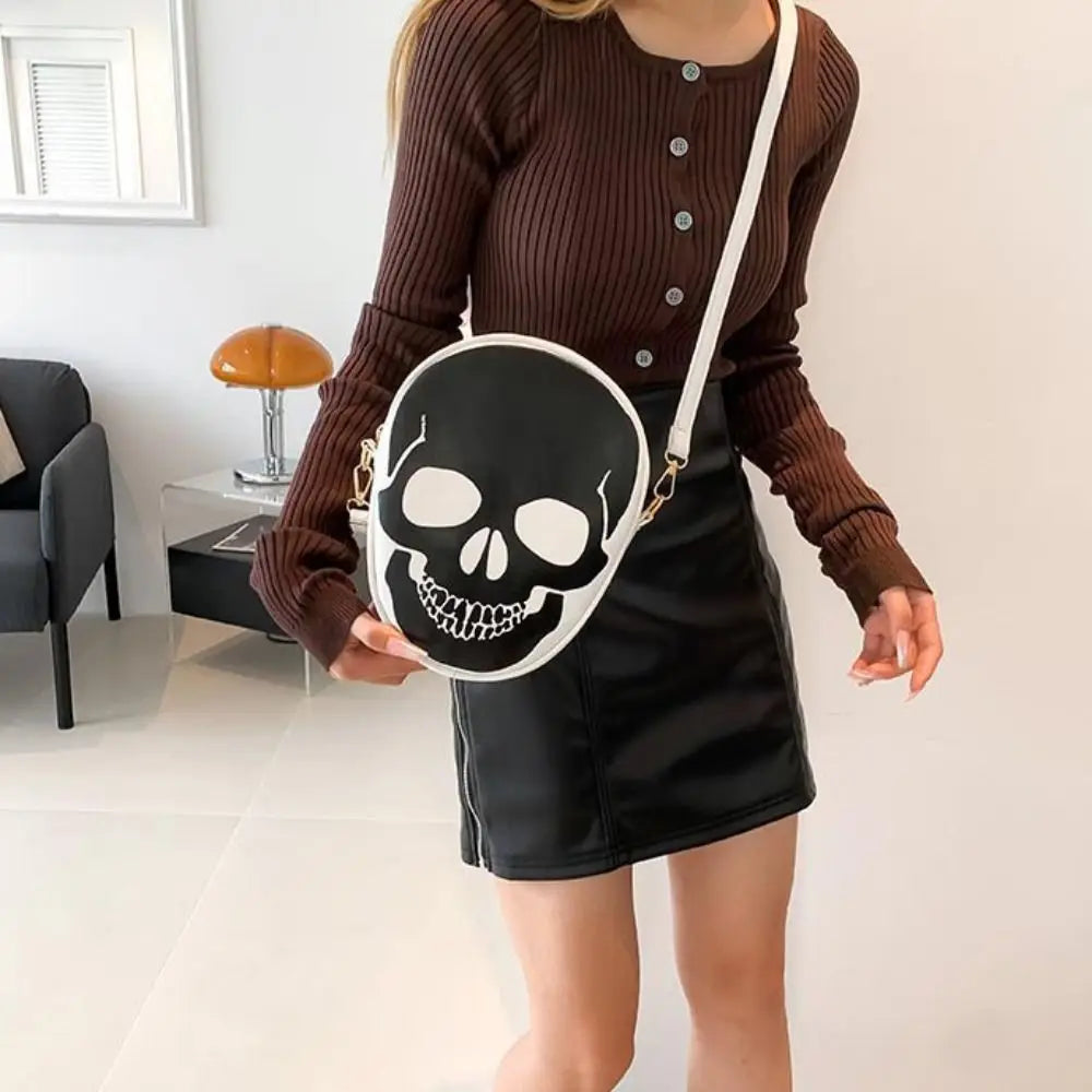 Sac à Bandoulière Rond Tête de Mort Noir et Blanc
