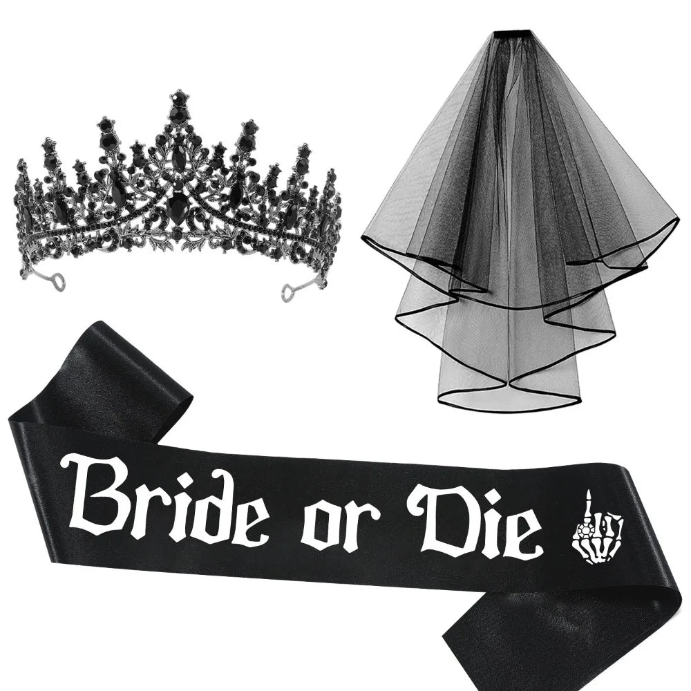 Kit de Mariée Gothique Noir Voile Tiare et Écharpes