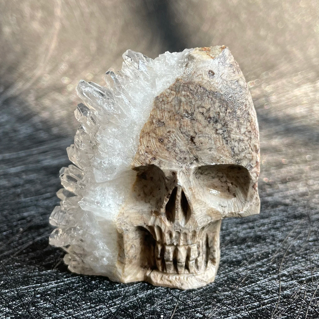 Crâne en Quartz Sculpté et Brut à Cristaux