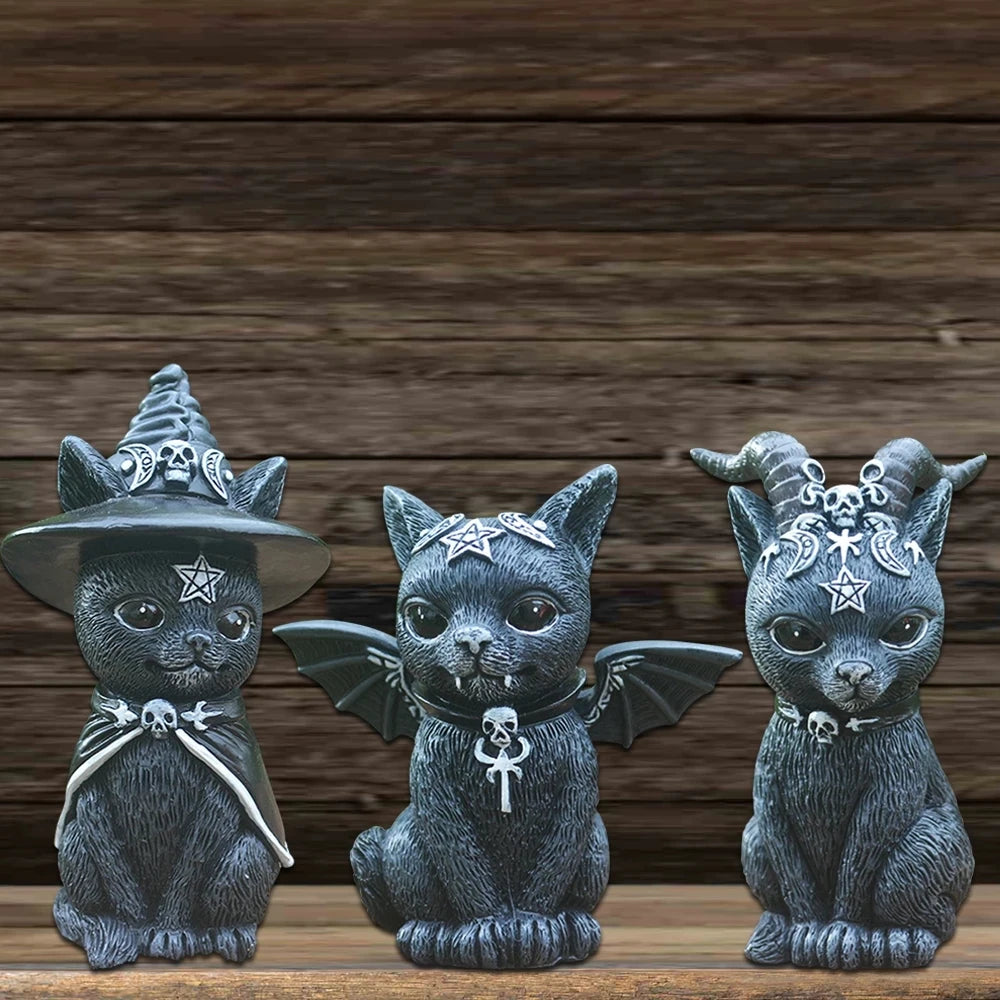 Statuettes Chats Gothiques Noirs à Pentagramme en Résine