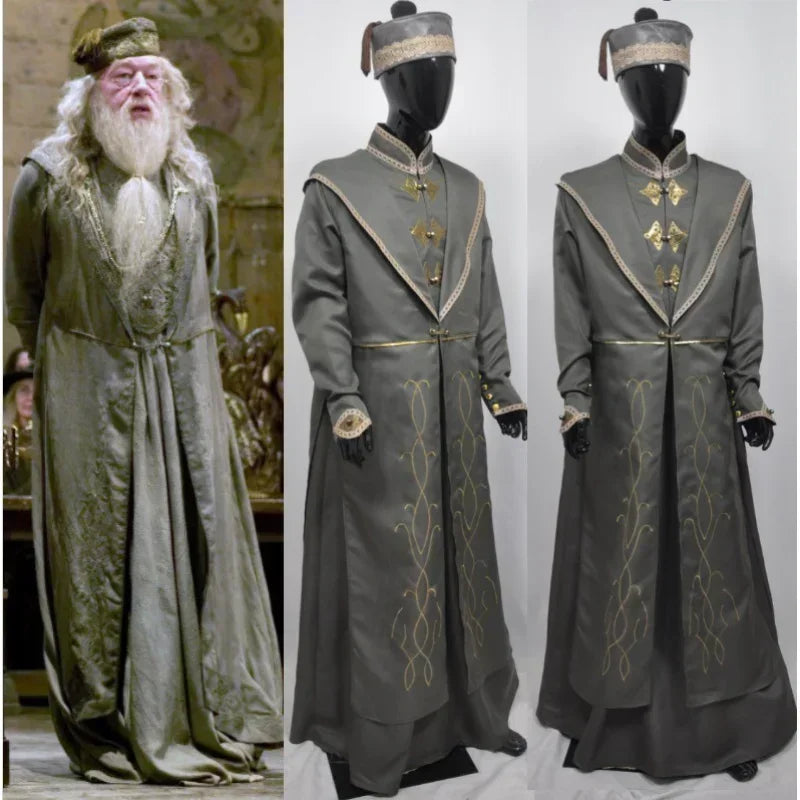 Costume de Dumbledore Gris-Vert à Broderies Dorées