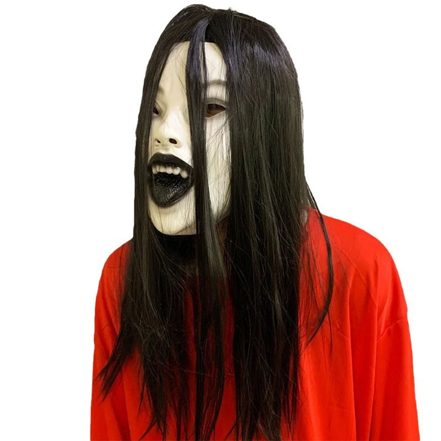 Masque d'Horreur Fantôme aux Cheveux Noirs Longs