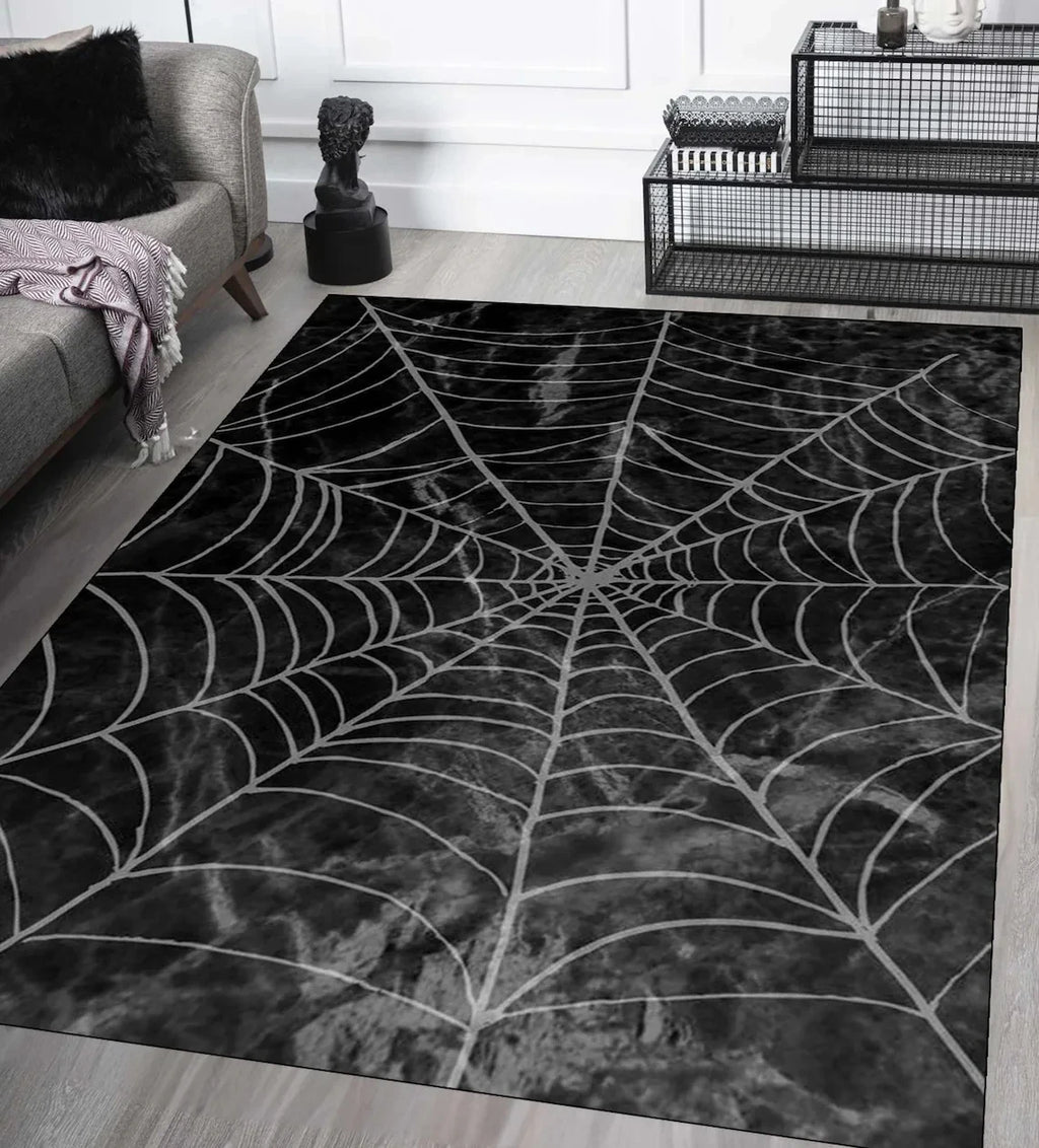 Tapis Rectangulaire Noir Toile d'Araignée et Bordure Gothique