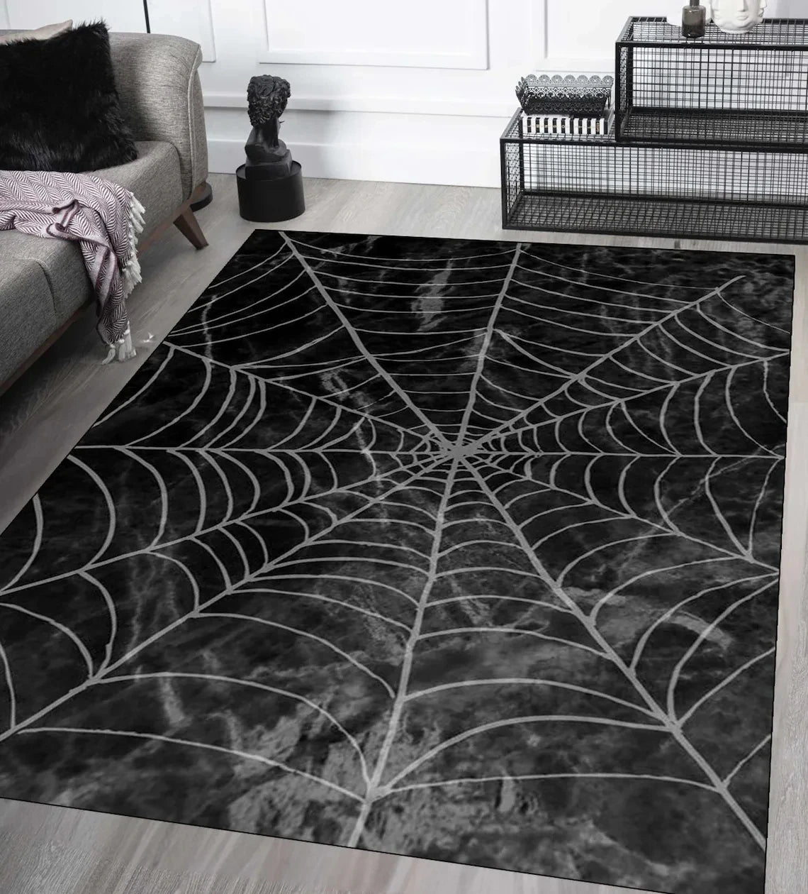Tapis Rectangulaire Noir Toile d'Araignée et Bordure Gothique