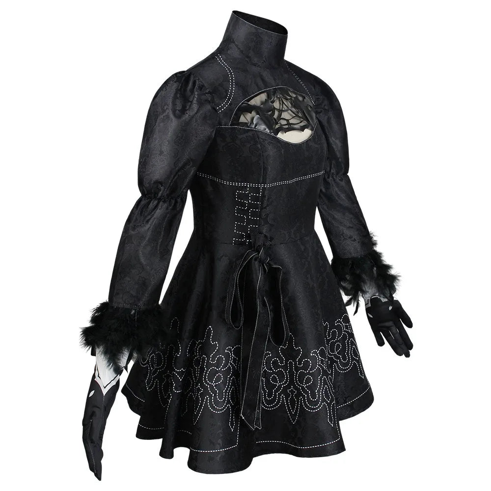 Costume de Cosplay Nier 2B Robe Noire avec Perruque Blanche