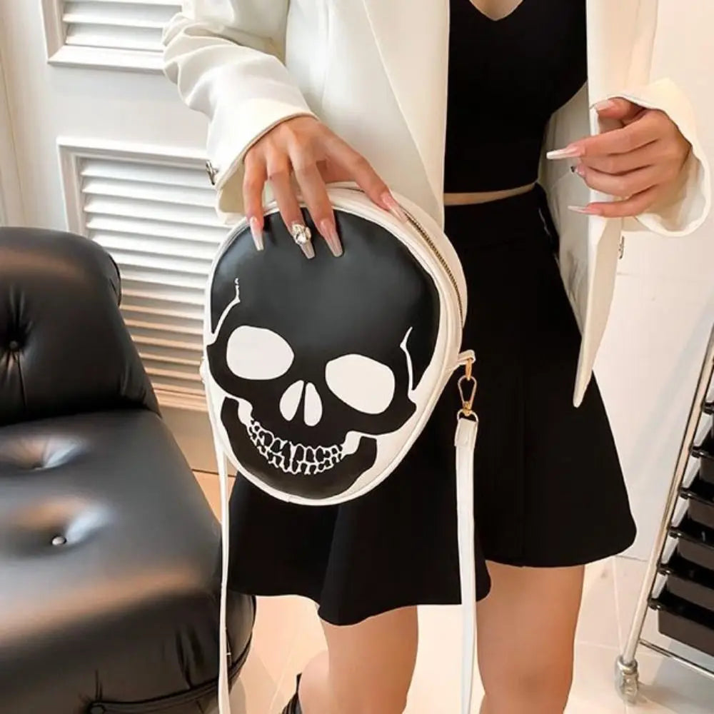 Sac à Bandoulière Rond Tête de Mort Noir et Blanc