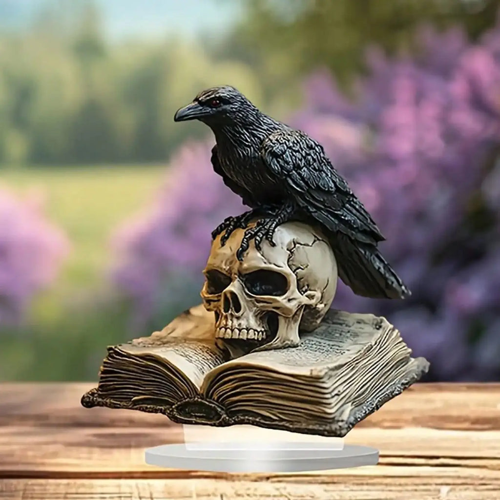 Statuette de Corbeau Noir sur Crâne et Livre Ouvert