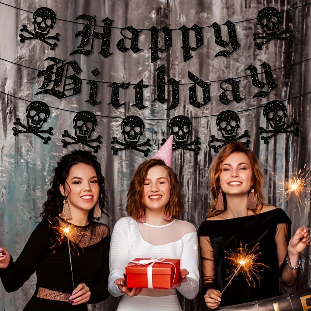 Bannière Anniversaire Gothique Noire Pailletée et Crânes