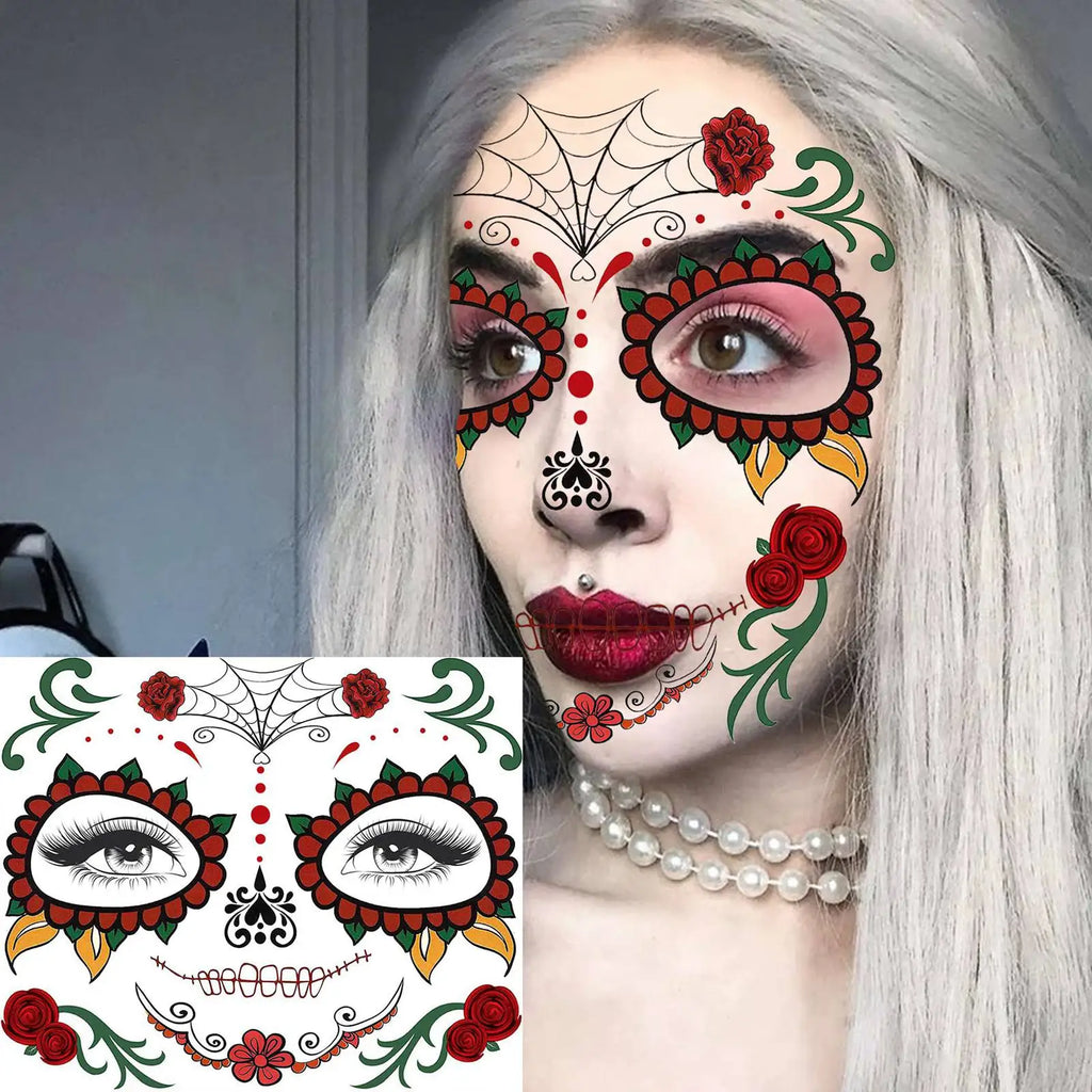 Tatouage Temporaire de Visage Calavera Fleuri