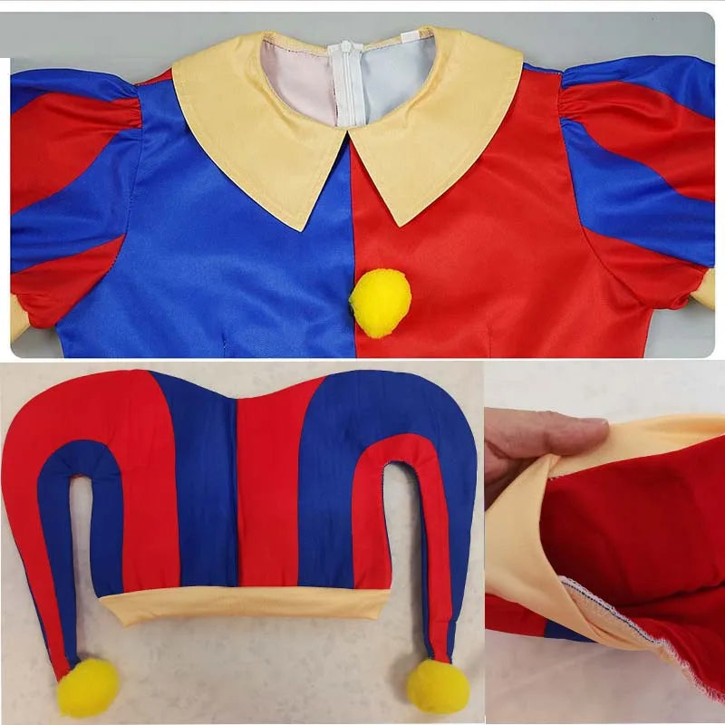 Costume d'Arlequin Rouge et Bleu à Pompons