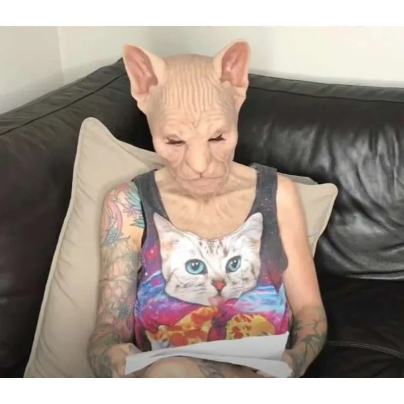 Masque en Latex Tête Complète de Chat Sphynx Réaliste