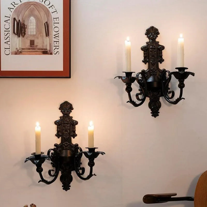 Applique Murale Baroque en Métal Noir à Deux Bougies