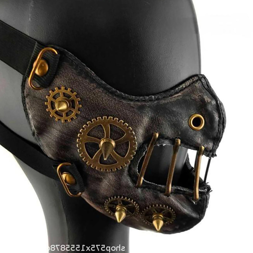 Masque en Simili-Cuir Noir à Pics et Crâne Bronze