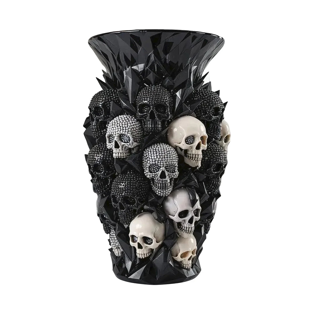 Vase Décoratif Noir à Crânes Gothiques et Facettes