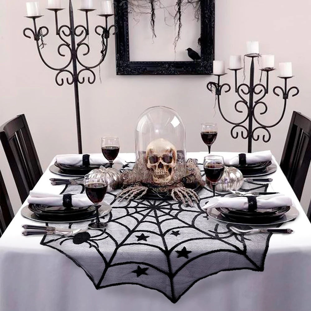 Chemin de Table d'Halloween Toile d'Araignée Noire