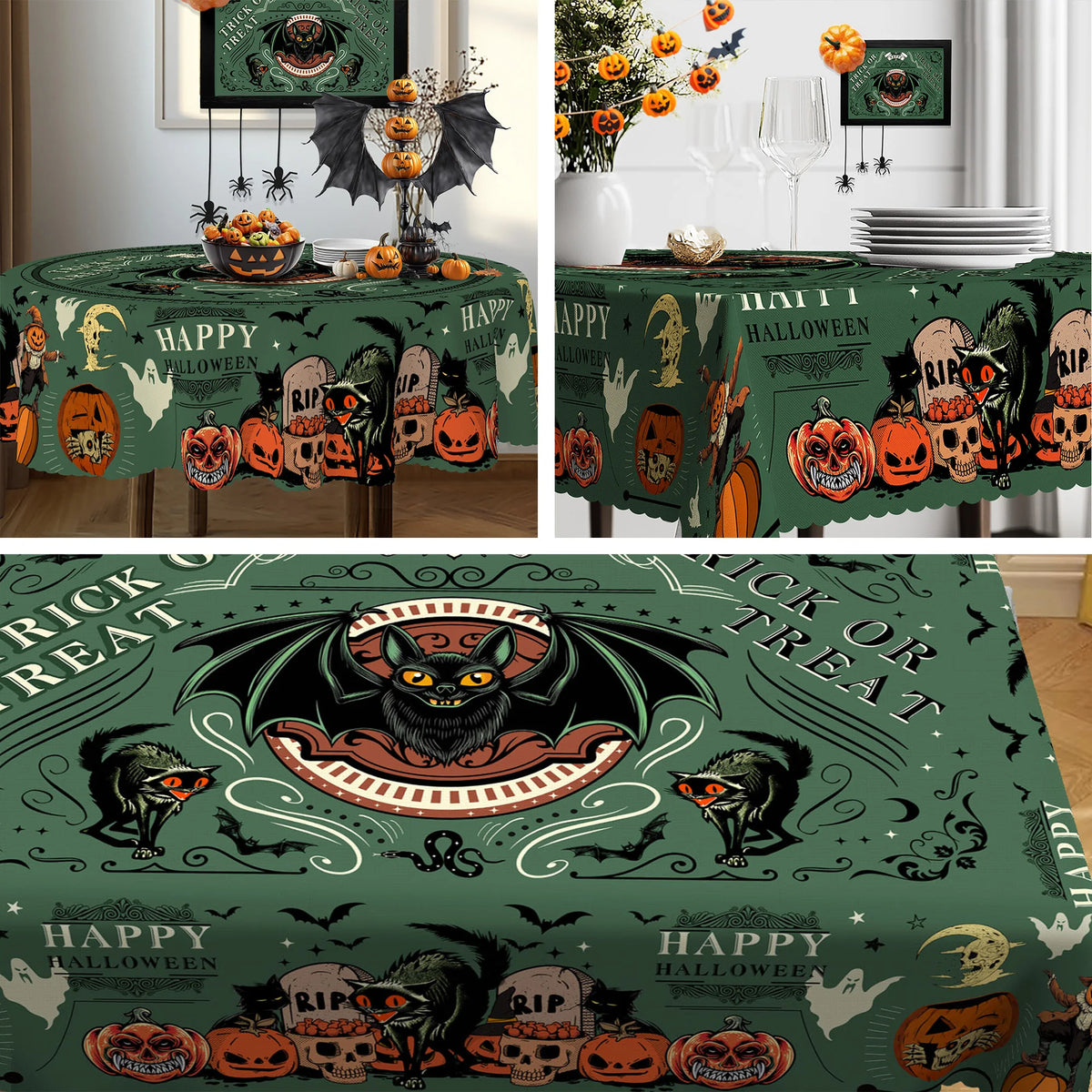 Nappe Ronde Halloween Vert "Trick or Treat" à Chauve-Souris