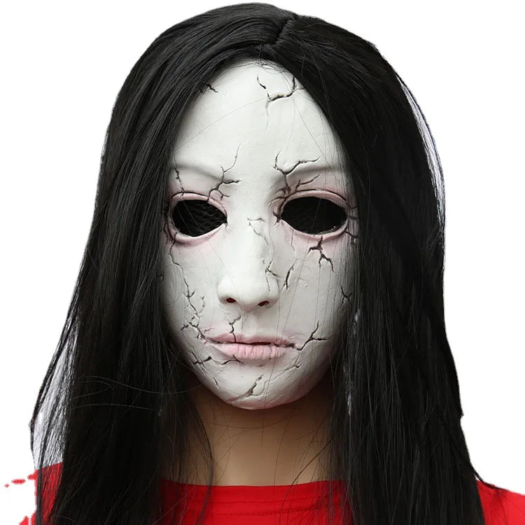 Masque d'Horreur Visage Craquelé à Perruque Noire