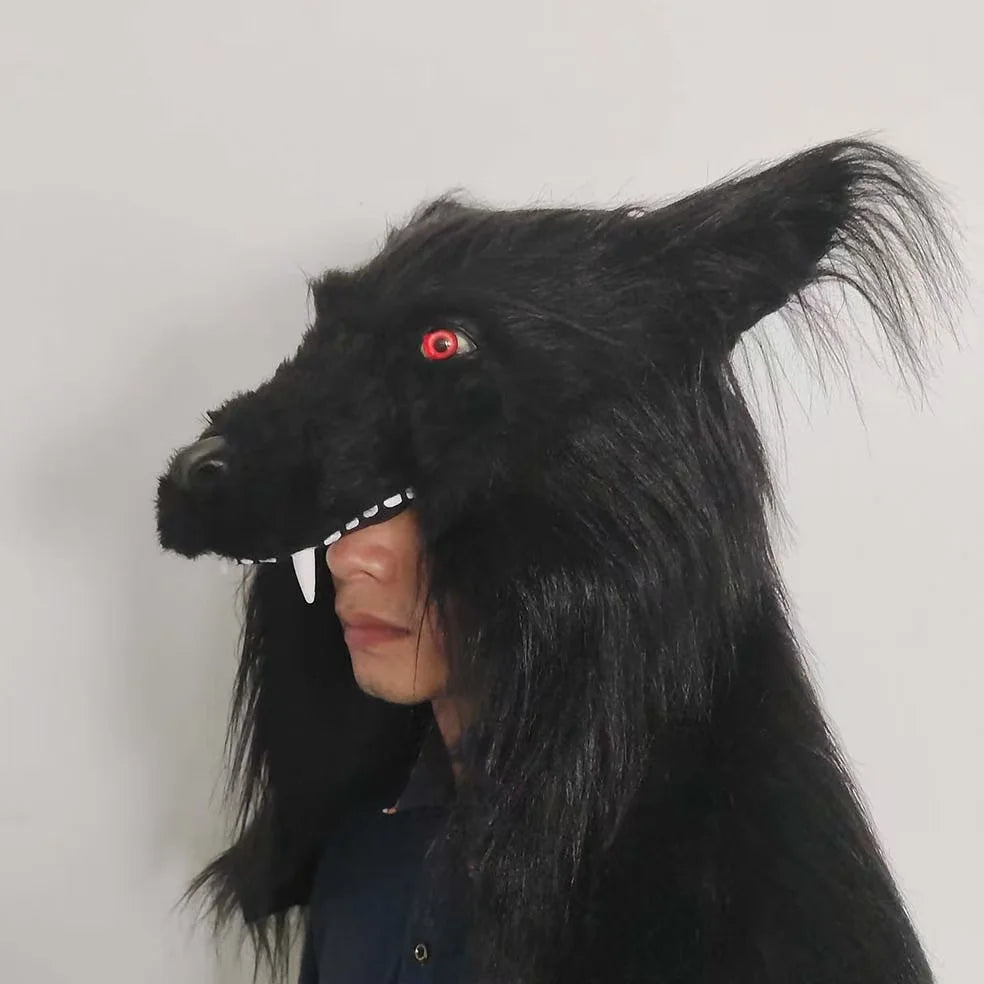 Masque de Loup-Garou Noir à Yeux Rouges et Crocs