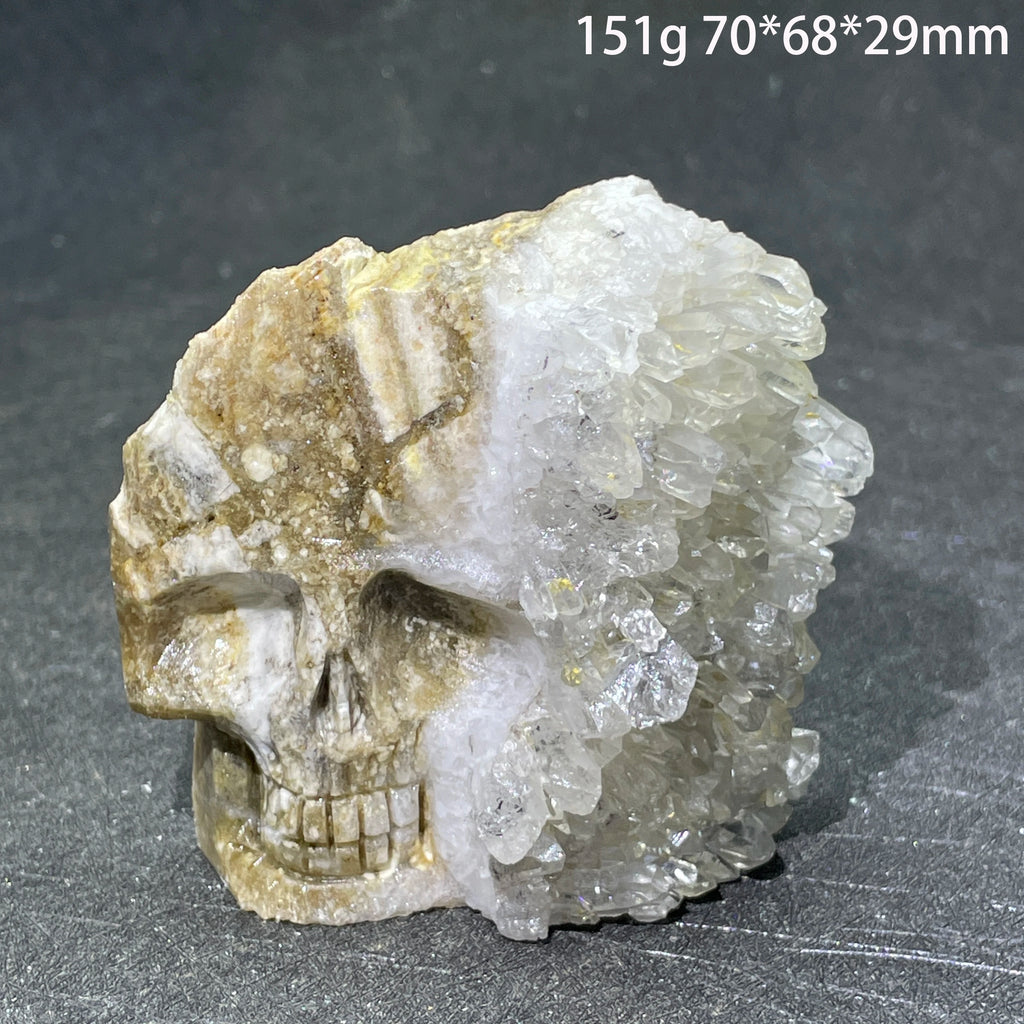 Crâne en Quartz Sculpté et Brut à Cristaux