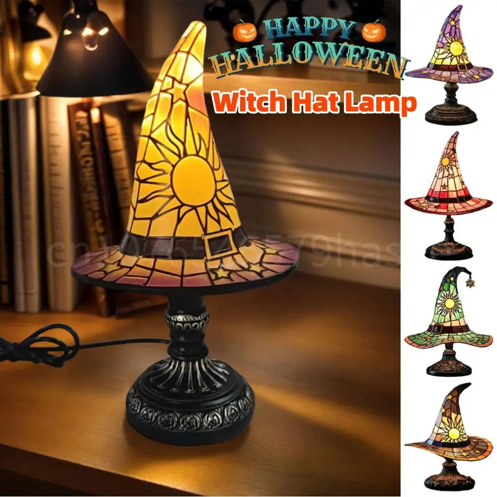 Lampe de Table Chapeau Sorcière en Vitrail Vert Soleil Étoiles
