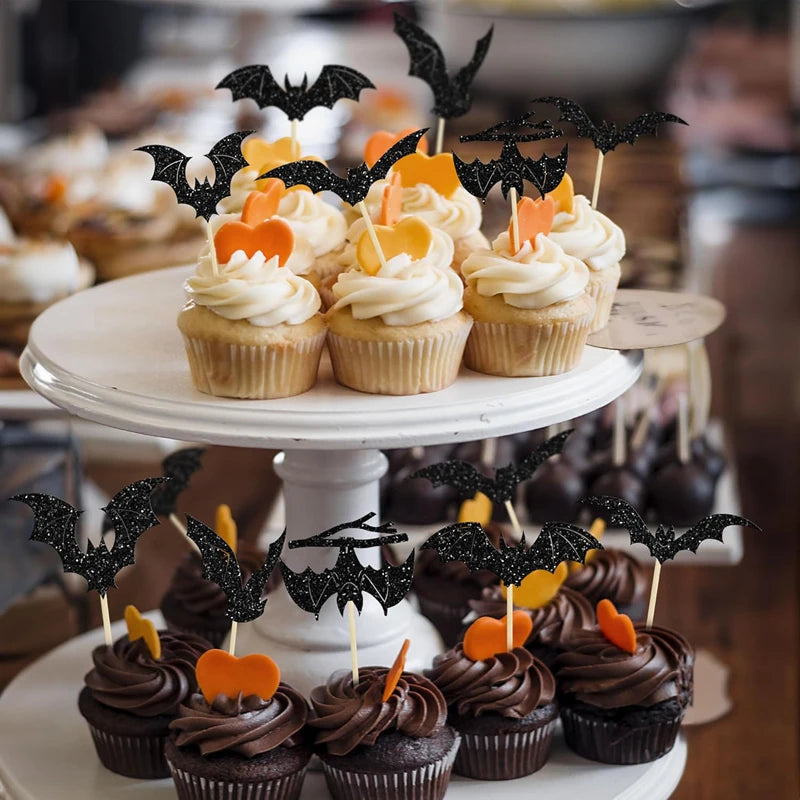 Piques à Gâteau Chauves-Souris Noires Pailletées