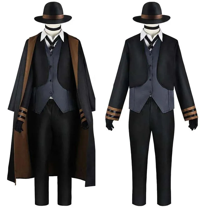 Costume Cosplay Noir à Cape et Gilet Gris Élégant