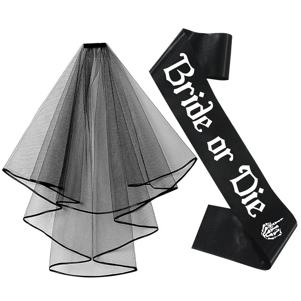 Kit de Mariée Gothique Noir Voile Tiare et Écharpes