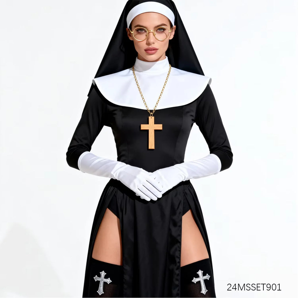 Déguisement de Nonne Sexy Noir à Fentes et Croix