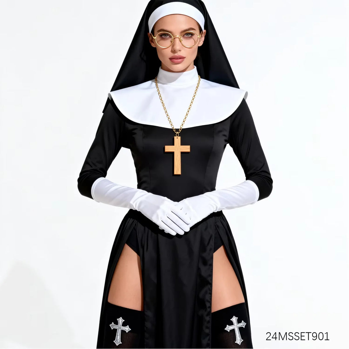 Déguisement de Nonne Sexy Noir à Fentes et Croix