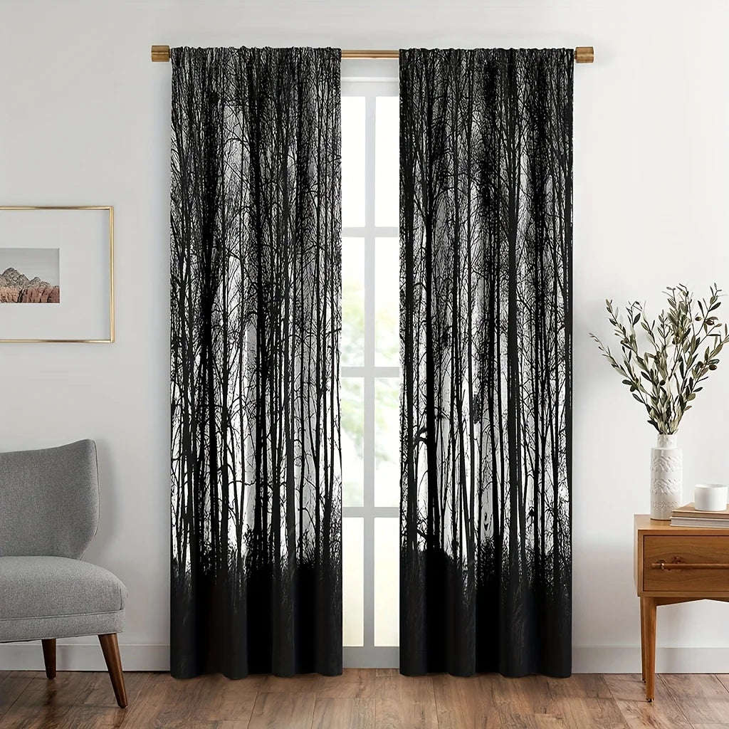 Rideaux Graphiques à Silhouette d'Arbres Noirs