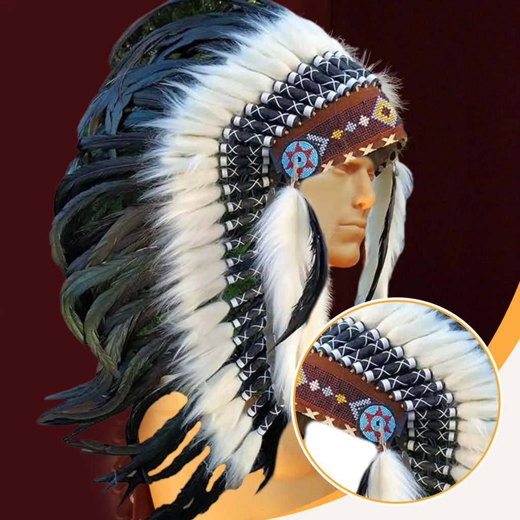 Coiffe Amérindienne à Plumes Blanches et Noires avec Perles