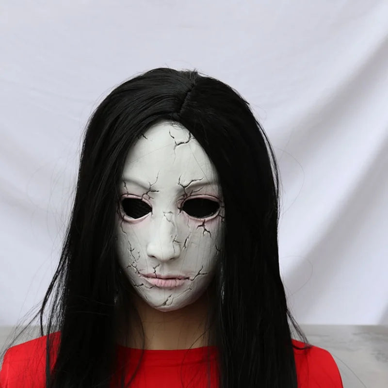Masque d'Horreur Visage Craquelé à Perruque Noire