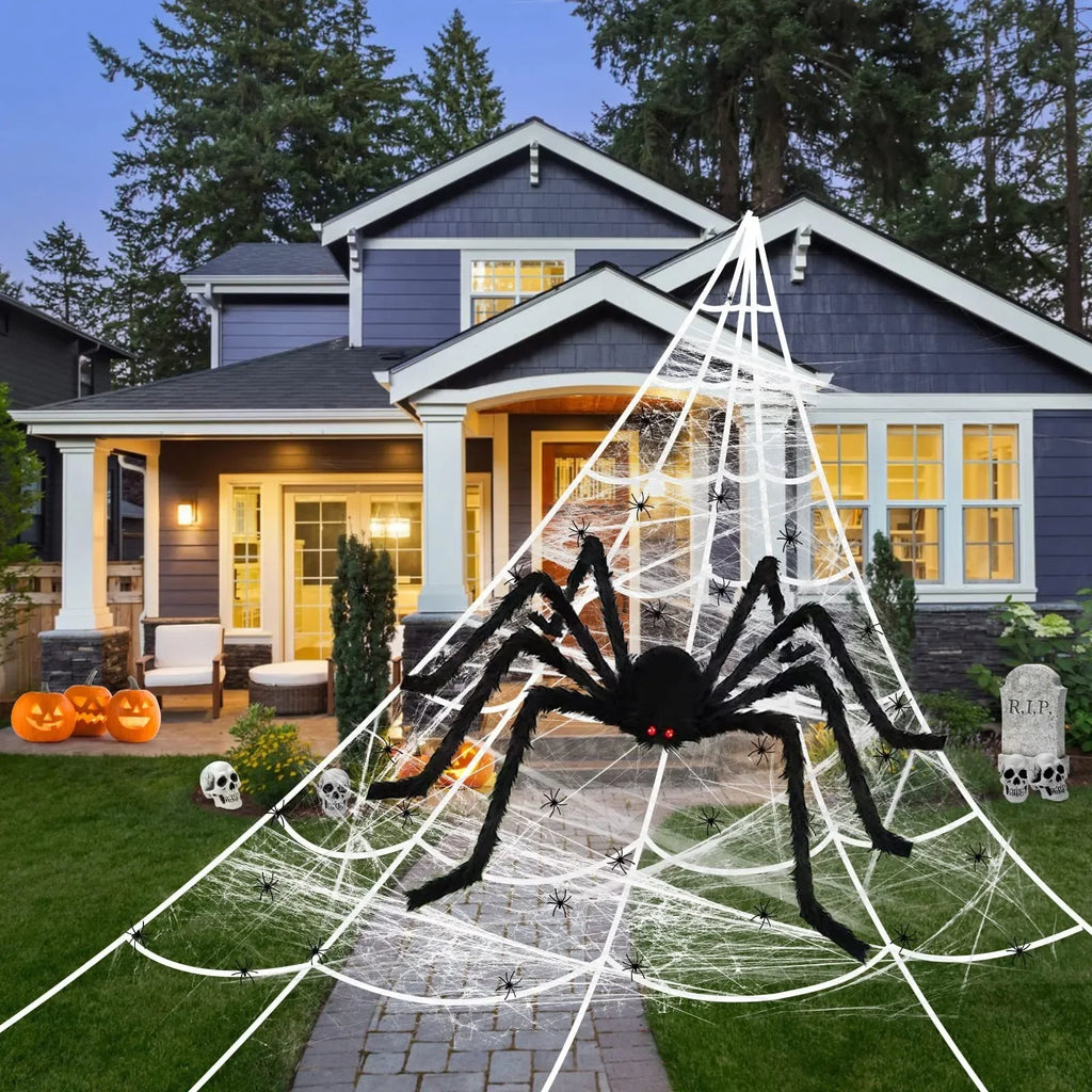 Araignée Géante Noire aux Yeux Rouges et Toile Blanche