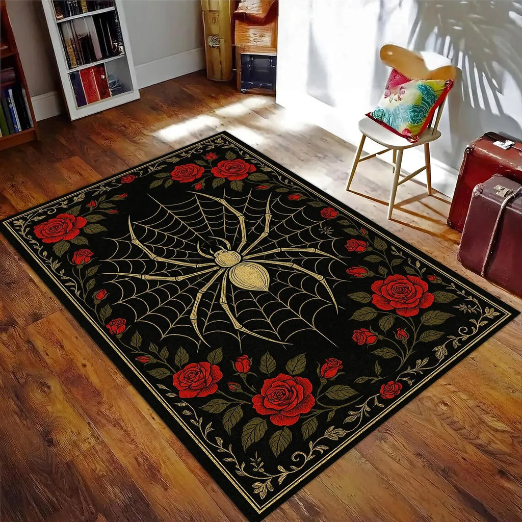 Tapis Rectangulaire Noir Toile d'Araignée et Bordure Gothique
