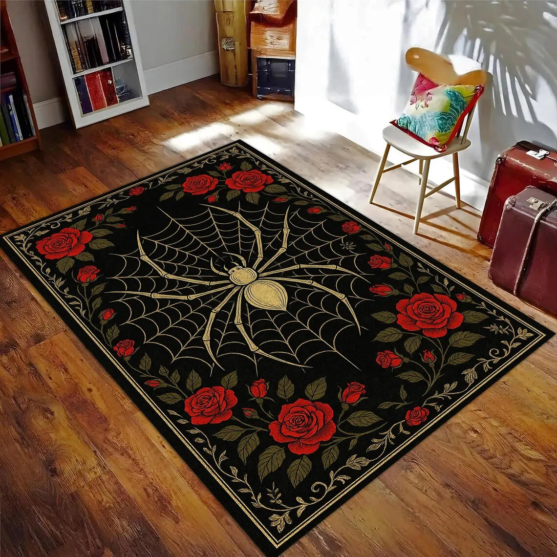 Tapis Rectangulaire Noir Toile d'Araignée et Bordure Gothique