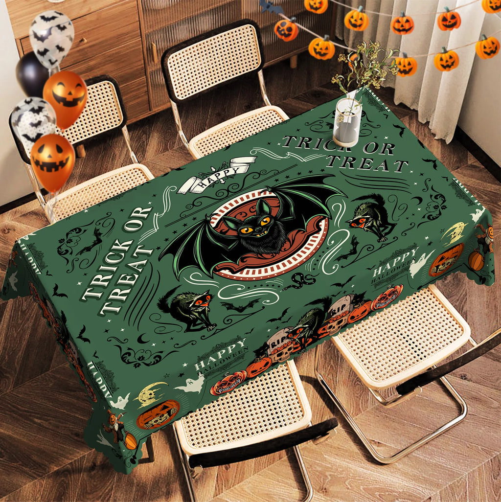 Nappe Ronde Halloween Vert "Trick or Treat" à Chauve-Souris