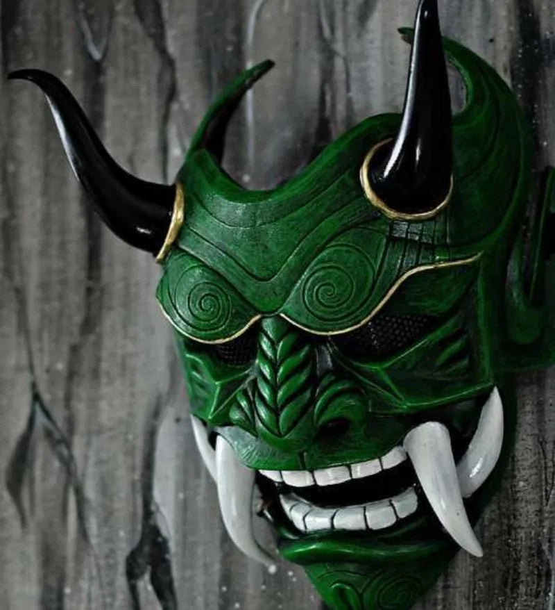 Masque Hannya Rouge Vieilli aux Cornes Noires