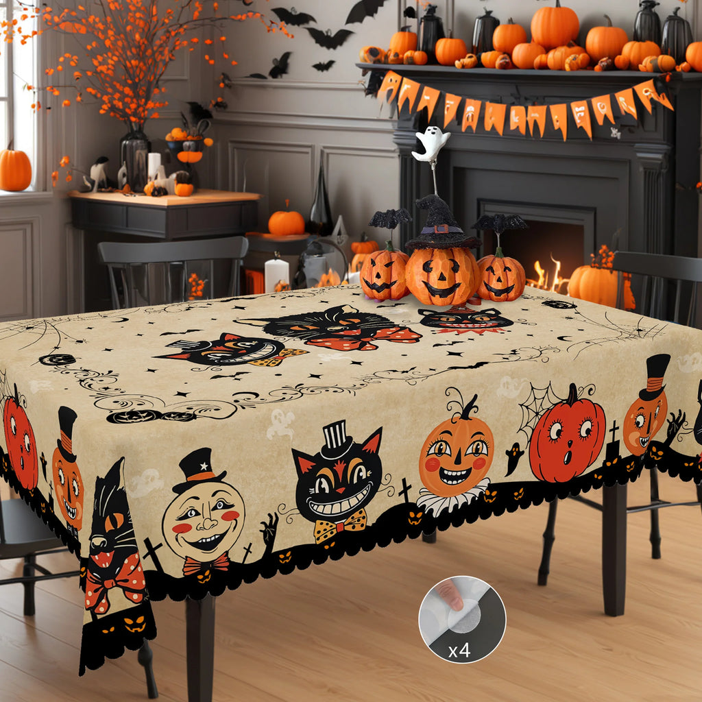 Nappe d'Halloween Rétro Beige à Chats et Citrouilles