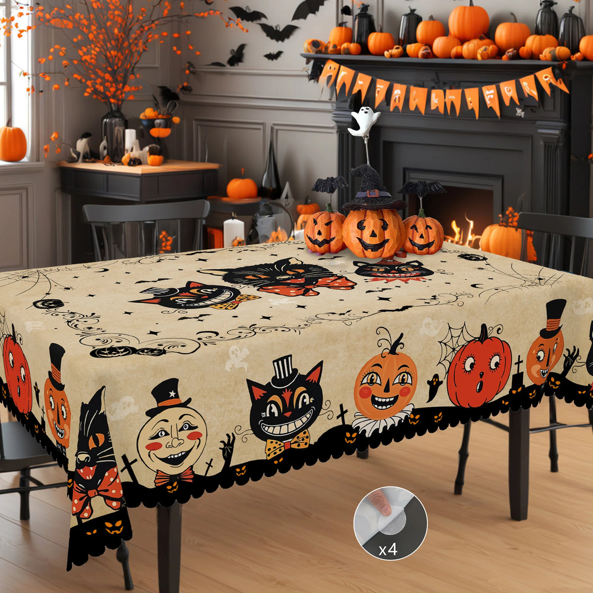 Nappe d'Halloween Rétro Beige à Chats et Citrouilles
