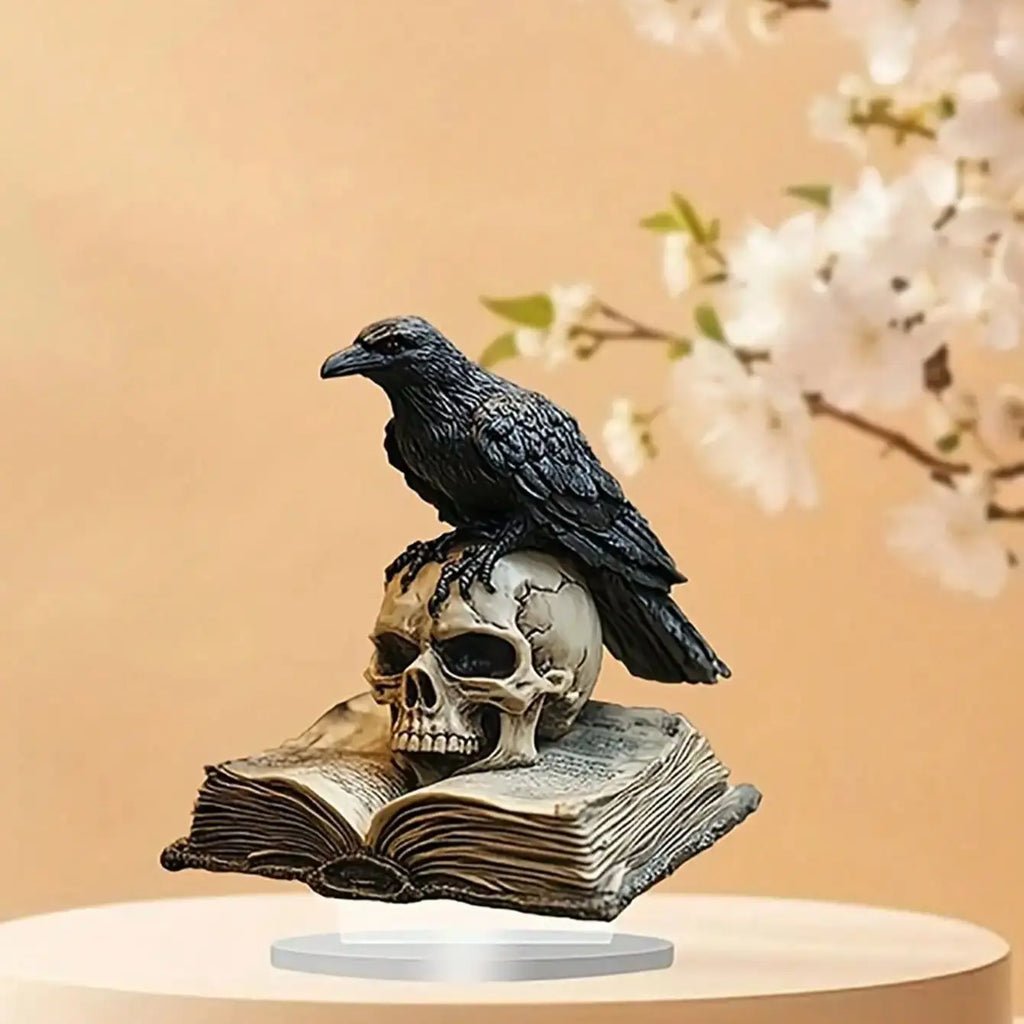 Statuette de Corbeau Noir sur Crâne et Livre Ouvert