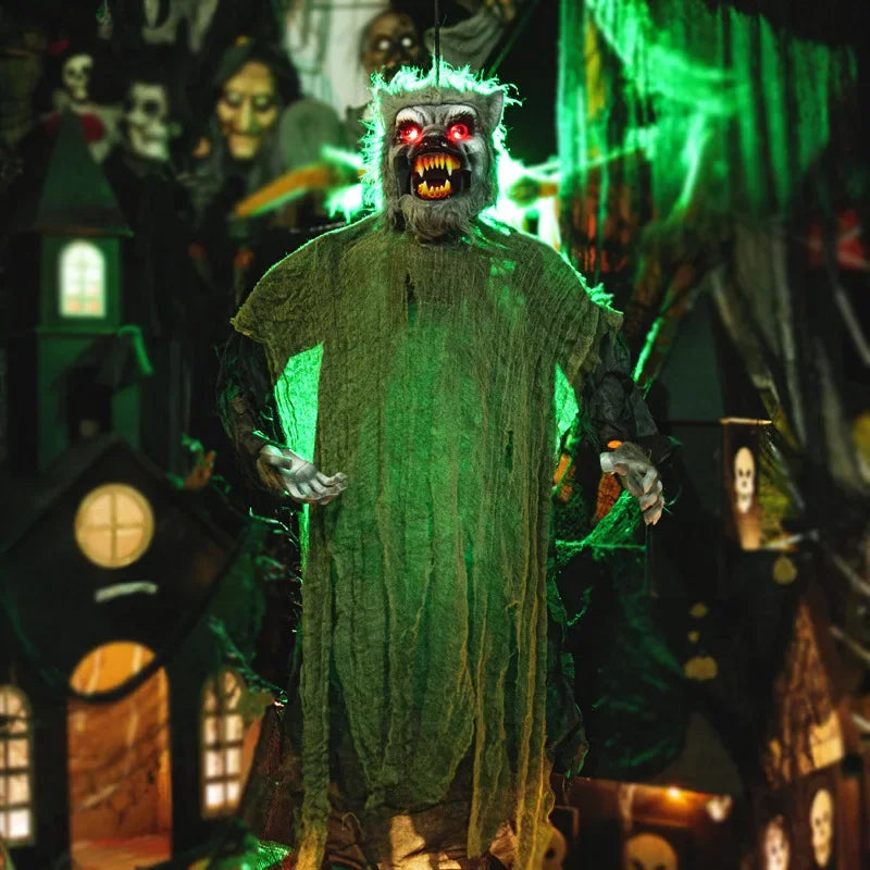 Loup-Garou Suspendu d'Halloween à Yeux Rouges Lumineux