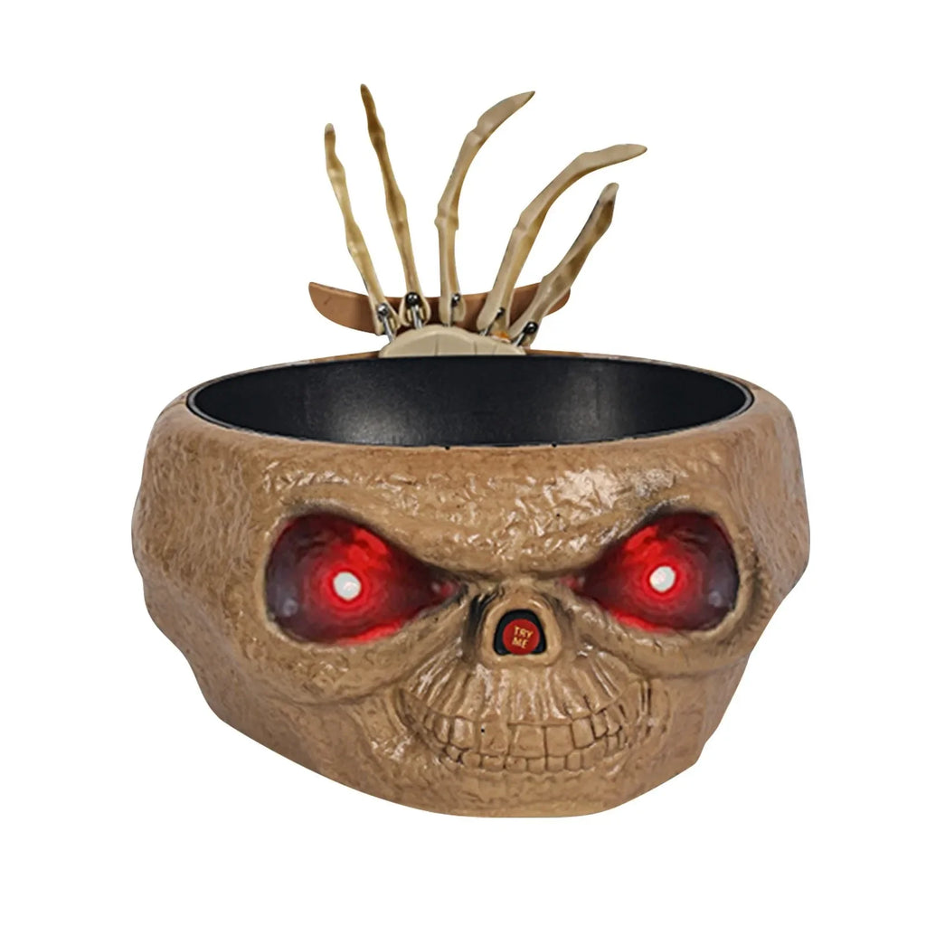 Seau Crâne Halloween avec Yeux Lumineux et Main Squelette