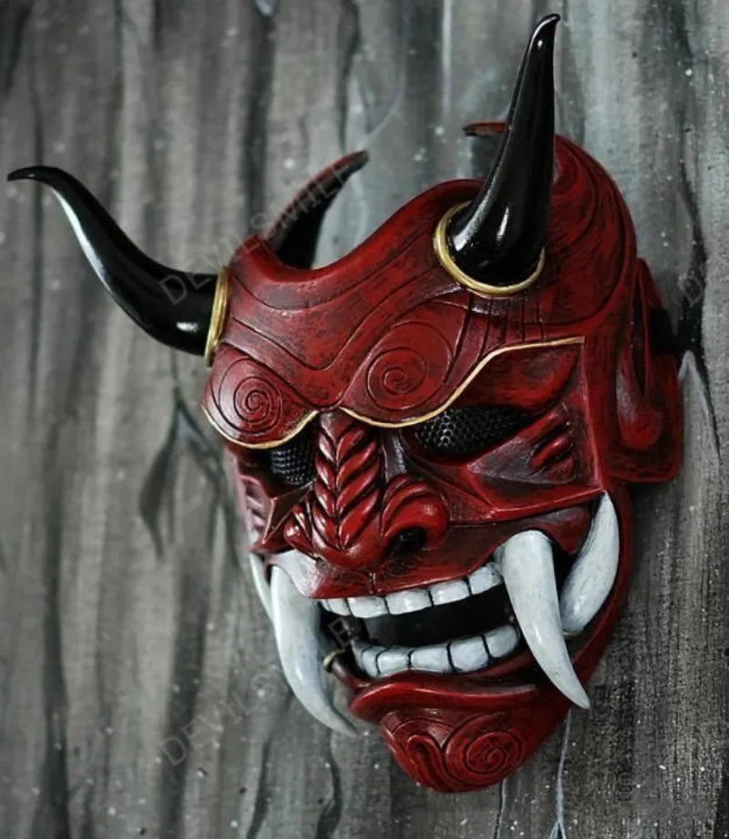 Masque Hannya Rouge Vieilli aux Cornes Noires