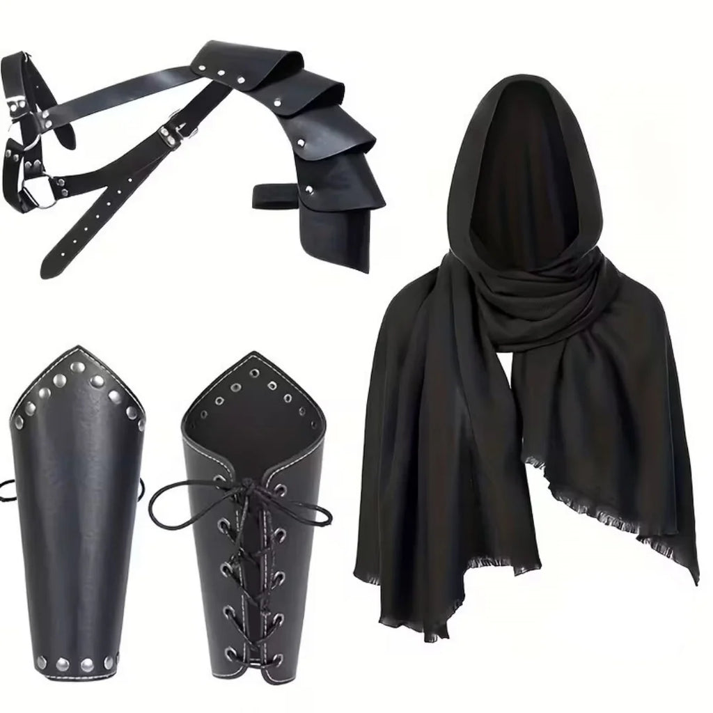 Ensemble de Costume Fantaisie Noir avec Harnais et Capuche