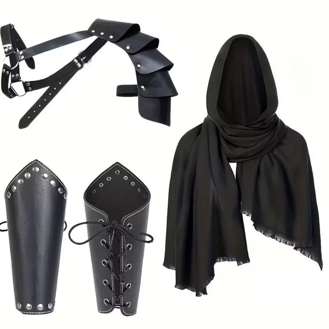Ensemble de Costume Fantaisie Noir avec Harnais et Capuche